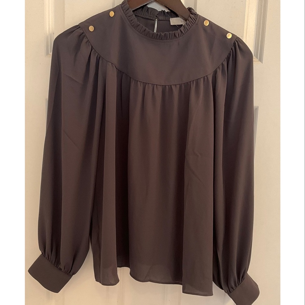 LOFT Ruffle Neck Bib Blouse - NWT - Small - Coastal Grey